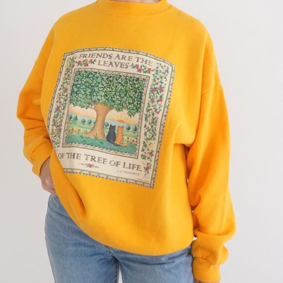 Sweaters - Vintage Tultex Yellow Tree of Life Floral Cat Scenic Graphic Sweatshirt Cozy XL